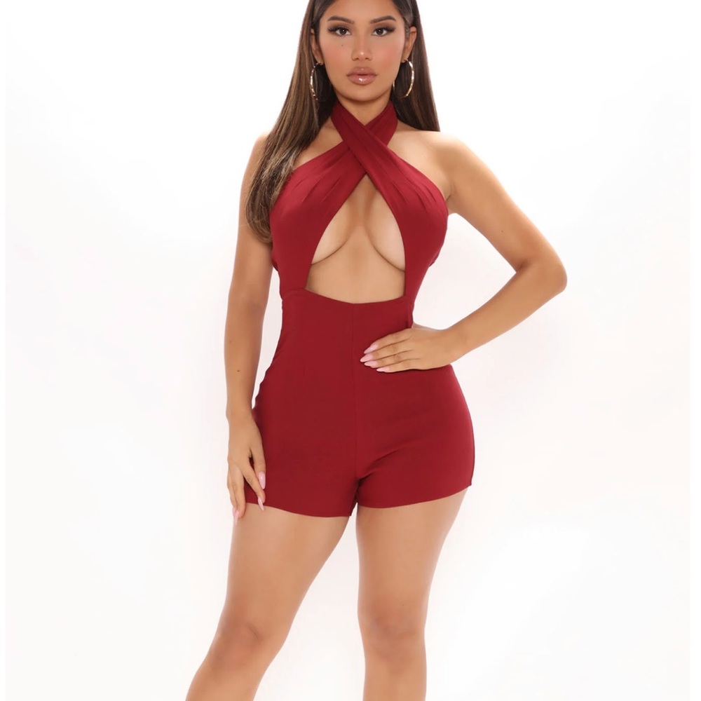 Small fashion nova halter top romper, red